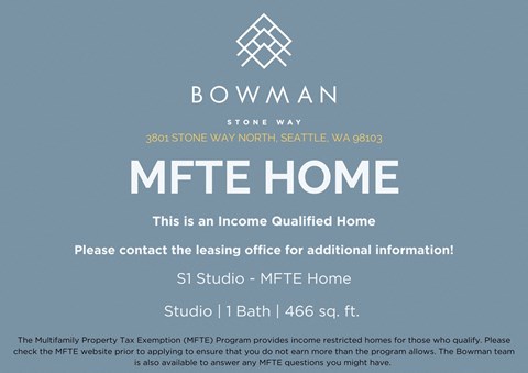 An advertisement for an MFTE home located at 3801 Stone Way North, Seattle, WA 98103.